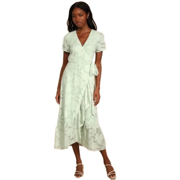 🆕 LULU’S Blissfully Sage Green Jacquard Short Sleeve Wrap Midi Dress SIZE XL - Picture 1 of 9